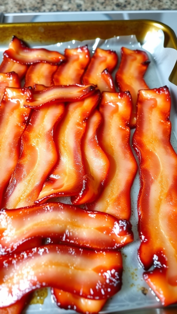 A tray of golden-brown crispy bacon ready to be served.